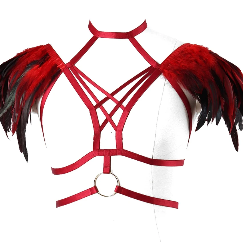 Перо портупея бюстгальтер на бретелях с эполет крылья для Для женщин в готическом стиле Размеры танцевальный костюм праздничная одежда для косплея - Цвет: Red O0576