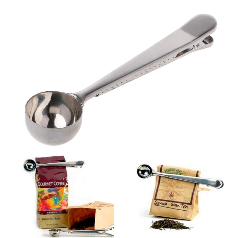 Ground Coffee Measuring Spoon Scoop with Bag Sealing Clip Silver Stainless Steel