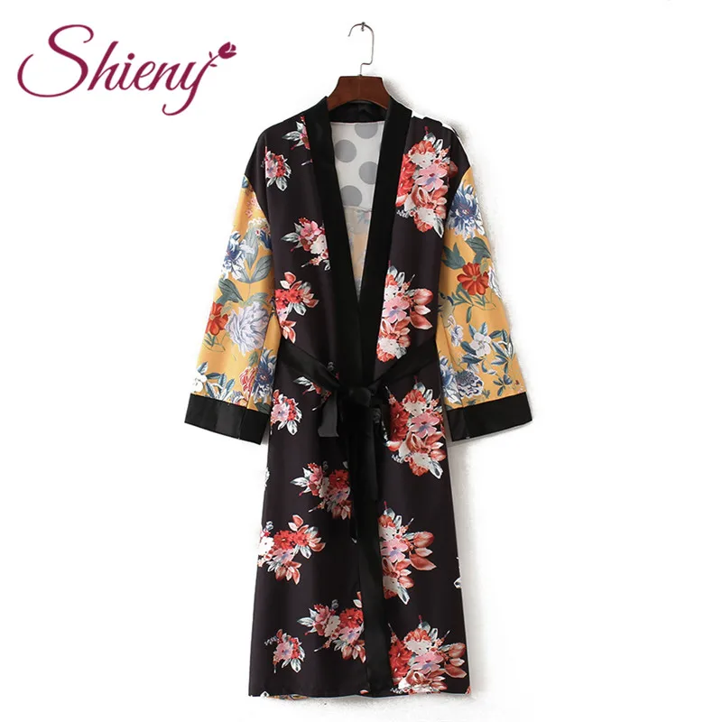 

Shieny Summer Women Flower Printed Bandage Cardigan Cover Ups Long Loose Beach Robe with Sash Sexy Split Bathing Suits Plus Size