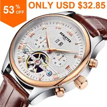 Derieter Rose Gold Automatic Watches Men Mechanical Wristwatch Skeleton Tourbillon Wrist Watch Waterproof Relogio Masculino