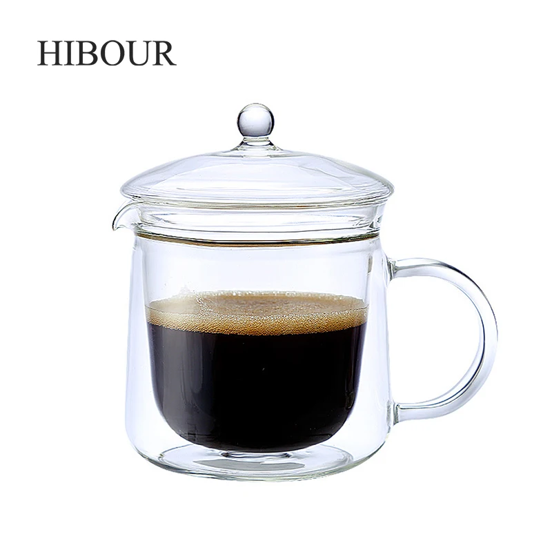 HIBOUR 700ML Glass Mugs Coffee Cups with Cover High Capacity