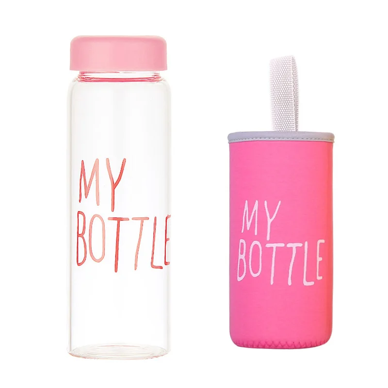 Стеклянная бутылка для воды с подарочной коробкой 500 мл my Bottle прозрачная или матовая Спортивная корейский стиль термостойкая герметичная - Цвет: pink and sleeve