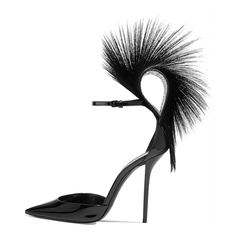 Fashion-design-women-catwalk-shoes-sexy-pointed-toe-feather-stiletto-pumps-ankle-strap-thin-high-heels