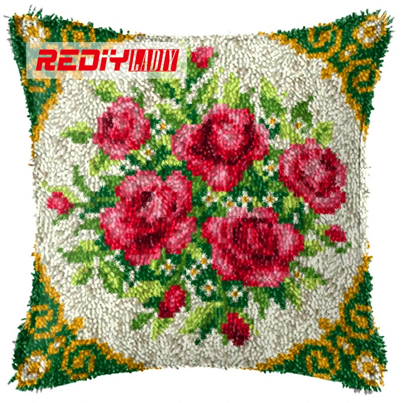 

REDIY LADIY Latch Hook Cushion Yarn for Embroidery Cushion Cover Flowers Roses Pillow Case Crochet Cushion Home Decor Pillow