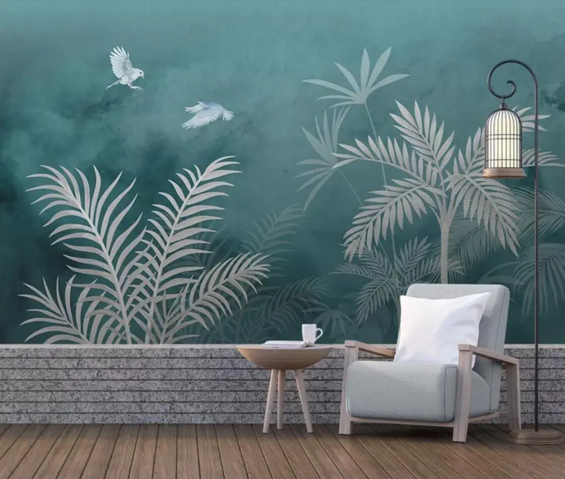 

3D Tropical Leaf Wallpaper Blue Background Wall Mural Large Photo Wallpaper Children Room Wall Paper 3d Wall Murals Custom