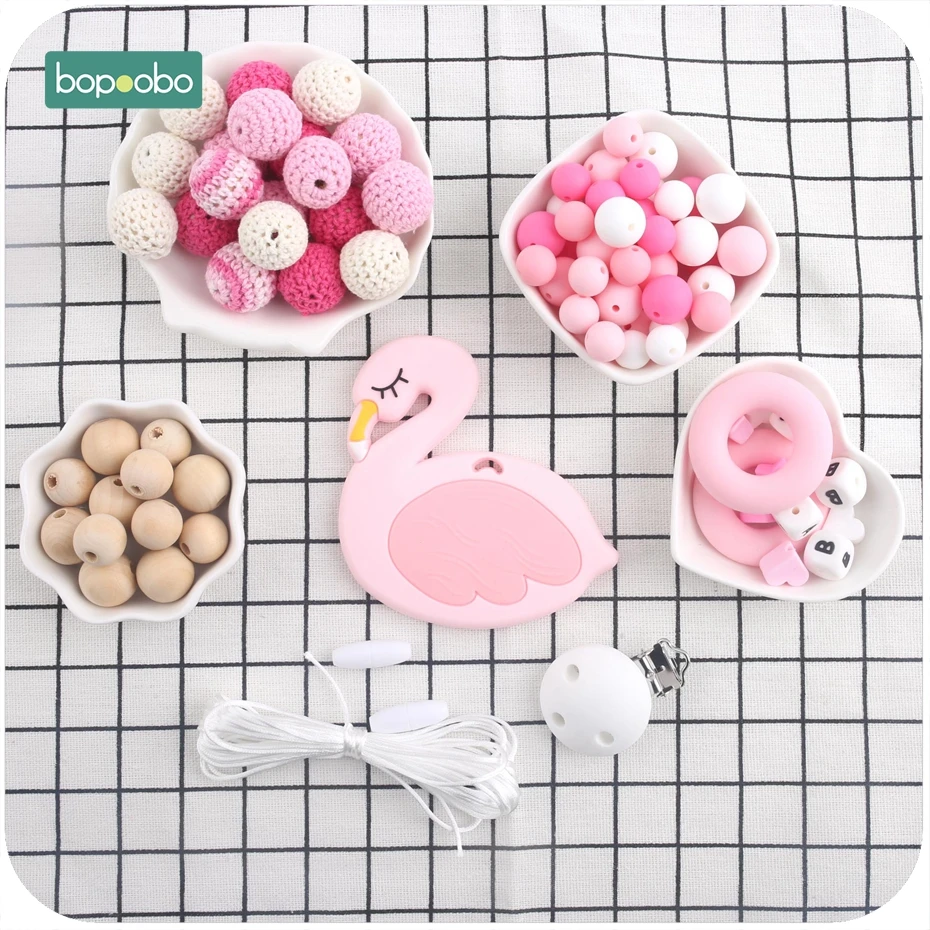 

Bopoobo 1Set Silicone Pink DIY Set Silicone Beads Silicone Flamingo Teethers Baby Accessories Baby Nuring Gifts Baby Toys