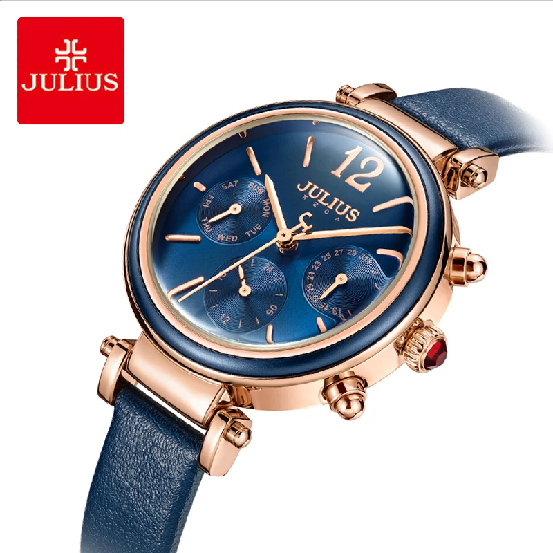 Beste Julius Vrouw Drie Oog Multifunctionele Lederen Horloges Klassieke Blauwe Waterdichte Quartz Jurk Horloge Week 24 Uur Klok Reloj