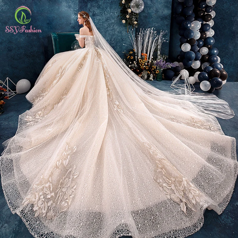 SSYFashion, новинка, роскошное свадебное платье цвета шампанского, романтичное свадебное платье невесты с вырезом лодочкой и кружевной аппликацией, свадебные платья со шлейфом, Vestido De Noiva