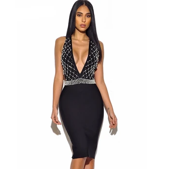 

babatique 2019 Women Sexy beading Bandage Dress black diamonds backless Elegant fashion Bodycon Vestidos celebrity Party Dresses