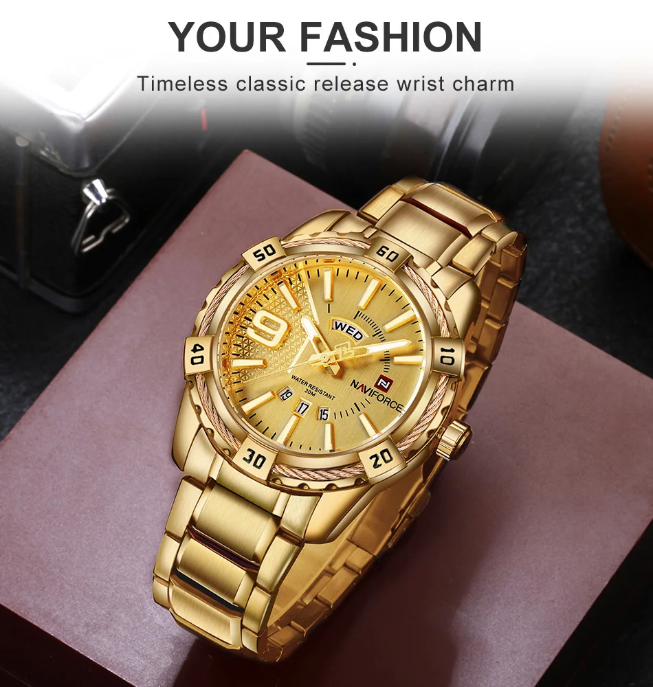 New Fashion Luxury Brand NAVIFORCE Men Gold Watches Men's Waterproof Stainless Steel Quartz Watch Male Clock Relogio Masculino