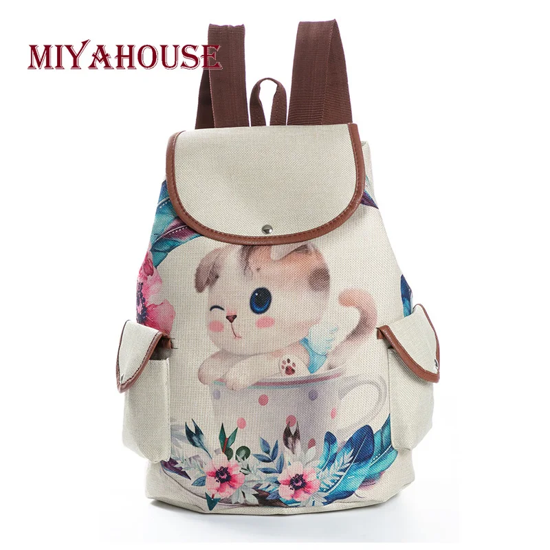 

Miyahouse Cartoon Design Drawstring School Backpack For Teenage Linen Material Mini Cat Printed Travel Backpack Female