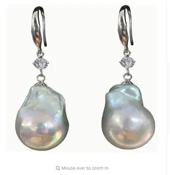 

noble jewelry Fine 15-18MM white baroque South Sea pearl dangle earring 925 silver hook