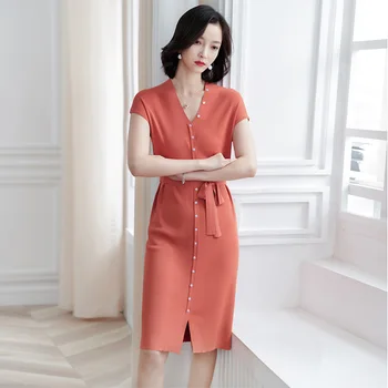 

2020 spring and summer new popular women's summer sweater long temperament Slim single-breasted belt dress F9882