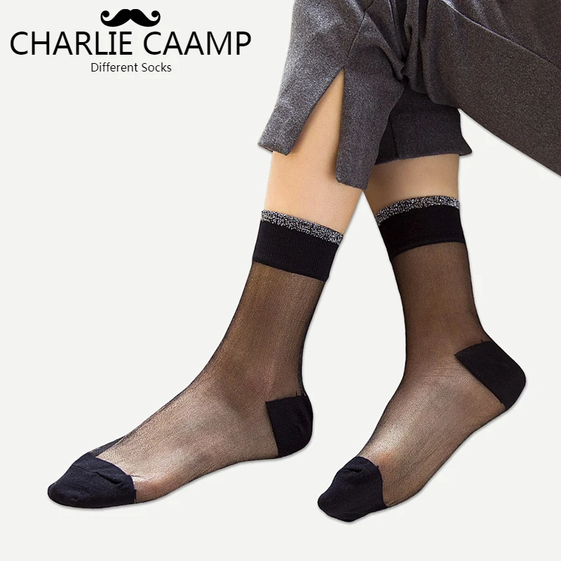 Новые женские сезон: весна–лето модное черное хлопковое дно Для Женщин Нейлоновые прозрачные пикантные Золото Серебро Бронза, длинные носки с кружевом для детей 6004