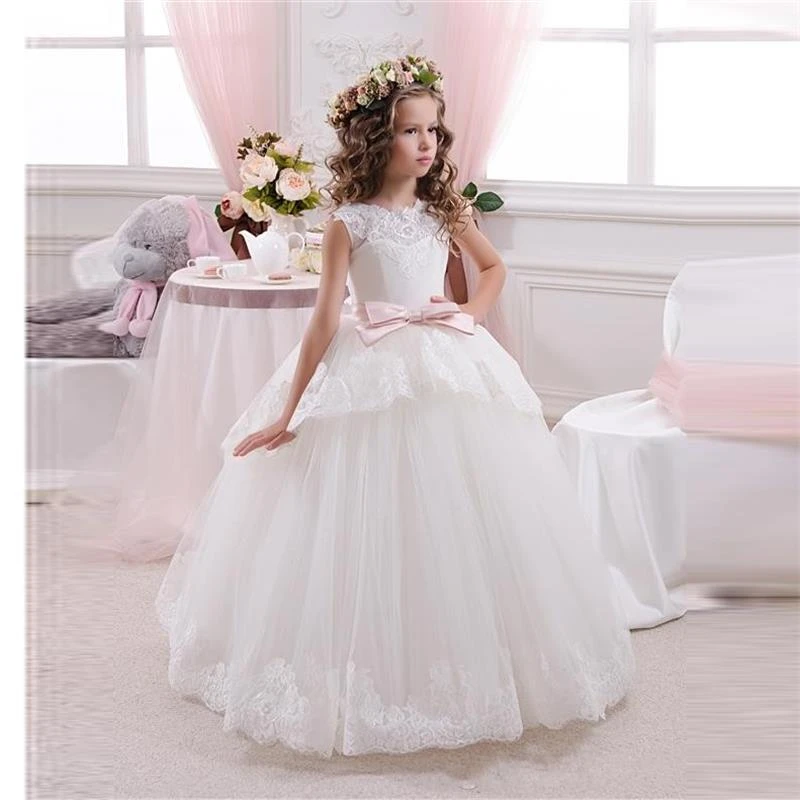 Princesa vestido de bola blanco Encaje flor Niñas Vestidos para bodas baratos 2016 tulle cinturón encargo del nudo del arco de primera vestido|communion dresses|first communion dressesflower girl - AliExpress