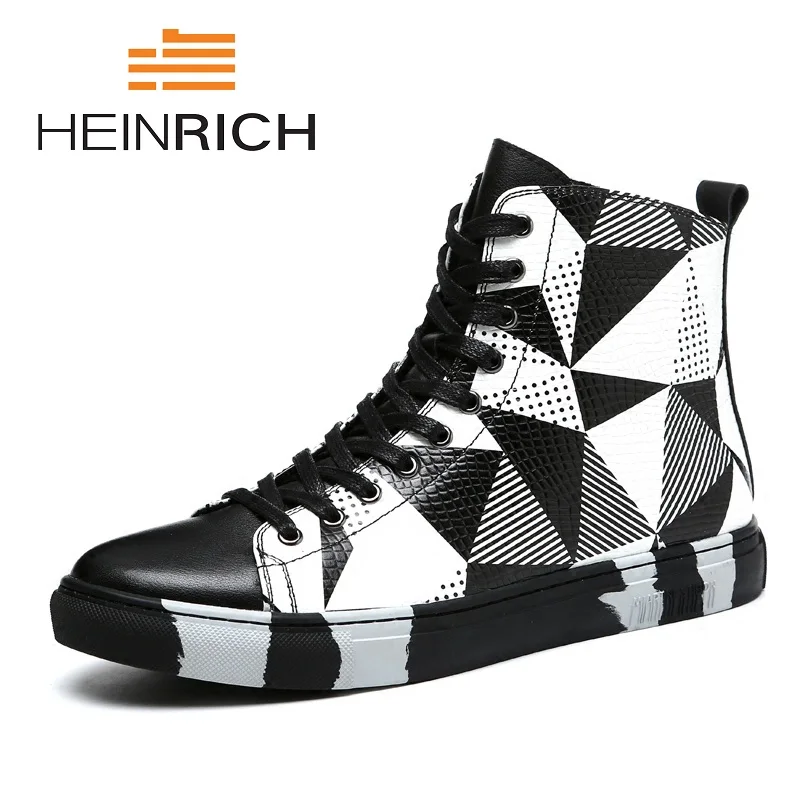 

HEINRICH 2018 Fashion Popular Black White Leather Men's Boots Spring/Autumn High Top Lace Up Genuine Leather Ankle Boots