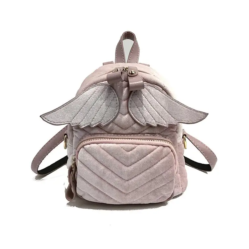 

2019 Female Fashion Mini Autumn Shoulders Bag Backpack Girls Angel Wings Bag Velvet Leisure Small Bag Zipper Cute Women Packsack