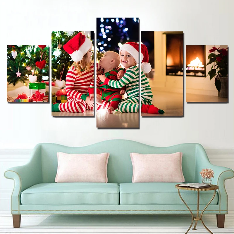 Holidays-Christmas-Three-Kid-Canvas-Wall-Art-Frame-Painting-For-Living-Room-5-Panel-Poster-And (5)