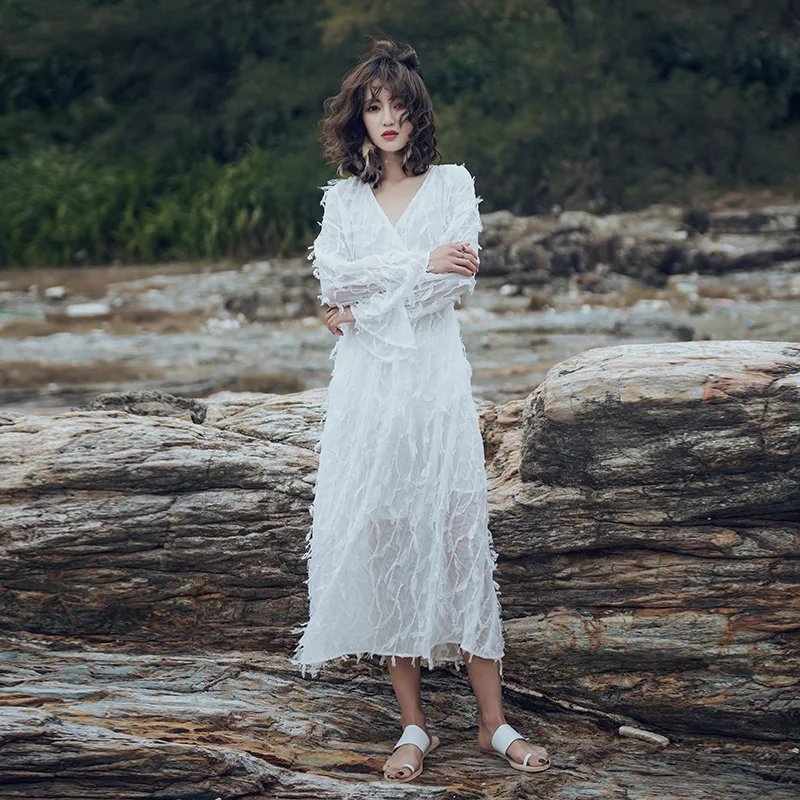 

Summer Dress Hot Sale Zanzea Vadim Dress Seaside Resort Temperament Was Thin 2018 New Women's V Collar Feather Fringed Female