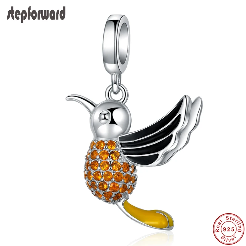 

STEP FORWARD 100% 925 Sterling Silver Hummingbird Yellow Party Charm Pendent For Bracelet Bangles Necklace New Design WL092