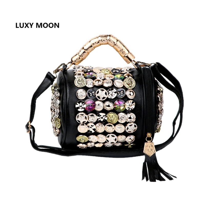 

2019 Big Metal Rhinestone Buttons Handbags Drum Pillow Bucket Bag Barrel Shaped Crossbody Bags for Women Messenger Bags L858