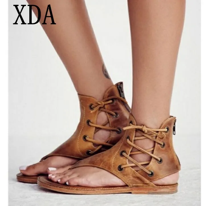 

XDA Women Sandals Vintage Summer Women Shoes Gladiator Sandals Flip-Flops For Women Beach sandals Leather Flat Sandalias