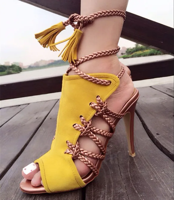 

Cross-tied Sandalias Mujer Peep Toe Pump Women Mixed Color Super High Heels Yellow Slingback Sandalia Feminina Show Woman Shoes