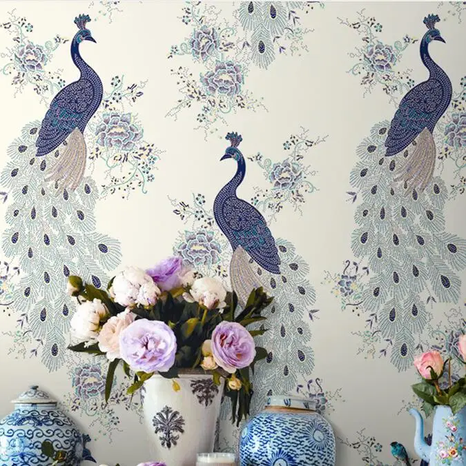 

Luxury Chinese Peacock Wallpaper Blue Roll For Walls Home Tropical Bird Wallpaper Non Woven