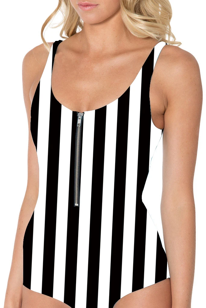 New One Piece Swimsuit Black white Vertival Striped Printed Women