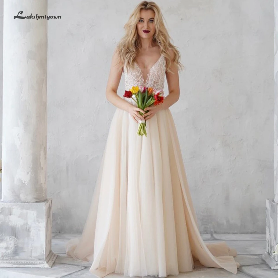 

Lakshmigown Stylish Tulle Mariage Wedding Dresses A Line 2019 Plus Size Bridal Dress Lace Beading Wedding Gown V Neck Sleeveless