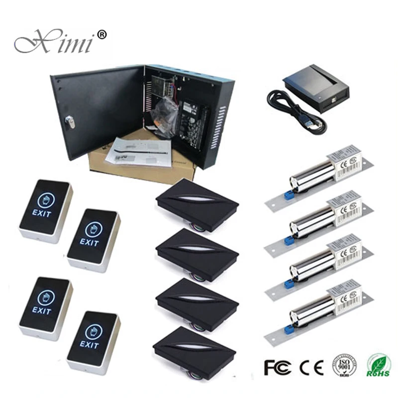 

ZK C3/400 Access Control Panel 4 Doors Access Control System With 4pcs eElectric Bolt Lock, KR100E Card Reader And Exit Button