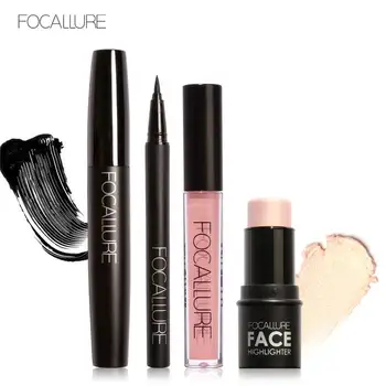 

FOCALLURE 4Pcs Daily Use Highlighter Bronzer Sticker with Liquid Lipstick Makeup Big Volum Mascara Eyeliner Makeup Sets