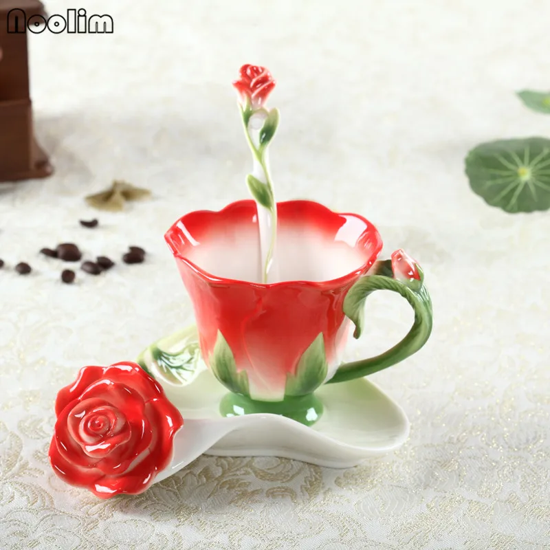 Ceramic Rose Coffee Cup Enamel Tea Cup Set With Spoon Saucer Creative Cups Ceramic European Bone China Drinkware