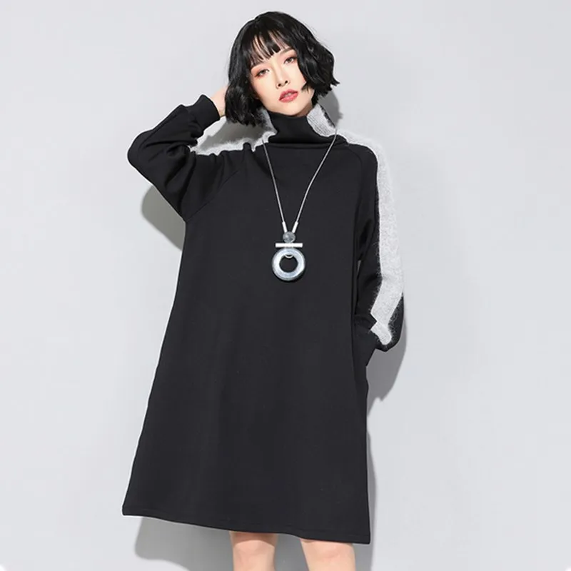 

Spring 2019 european american vogue women dress midi high collar long sleeve color matching loose casual vintage dresses clothes
