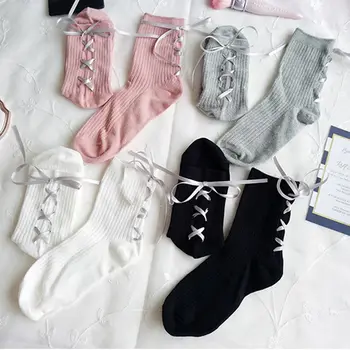 

Popular Sale 1 Pair Fashion Ribbon Bowknot Cross Straps Gothic Socks Satin Cotton Pile Socks
