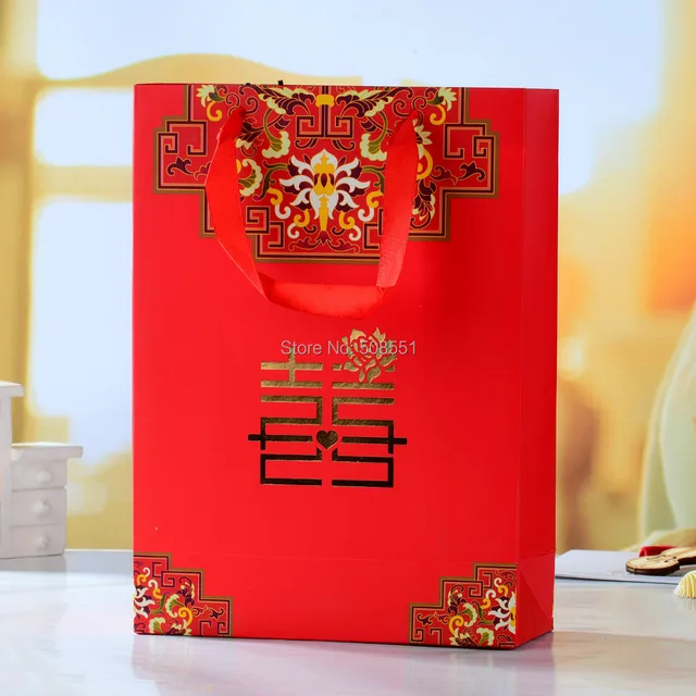 Red Double Hiness Paper Gift Bags For Wedding Packaging Bag With Red Double Hiness Paper Gift Bags For Wedding Packaging Bag With Handle Party Favors 1pcs