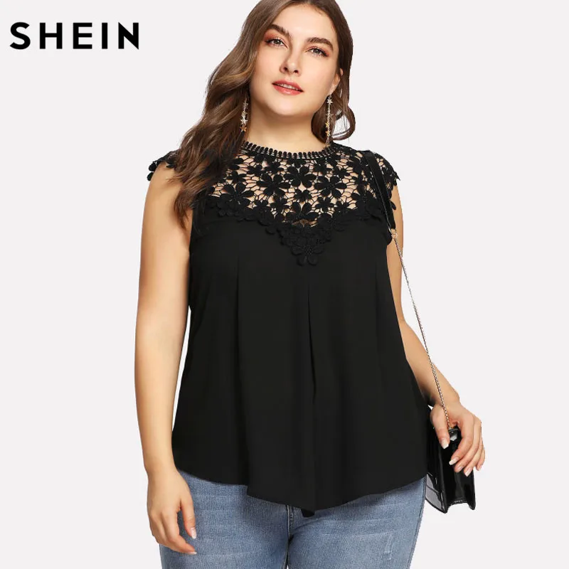 Buy SHEIN Plus Size Black Lace Sleeveless Blouse Women Summer Keyhole Back