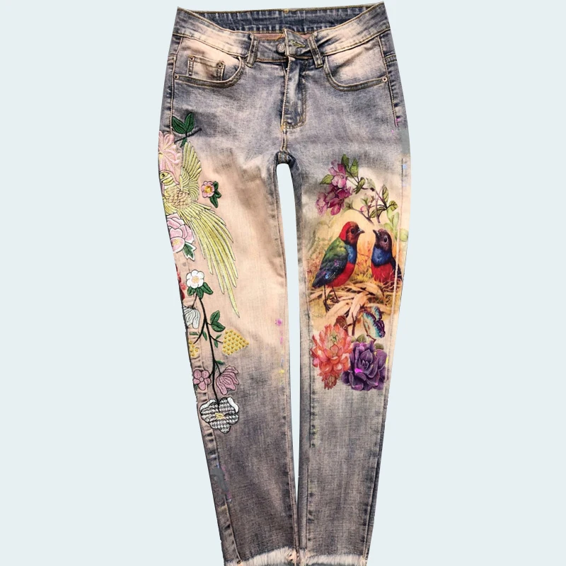3D Cartoon Stretchy Jeans Embroidery Flowers Pattern Painted Pencil Pants Woman Streetwear Denim Trousers For Women Jeans J032
