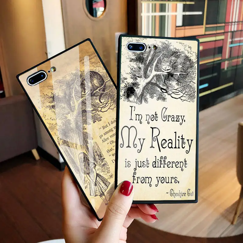 

Silicone + Tempered Glass Case for iphone 6s Case Alice in Wonderland Cheshire Cat Case for iPhone 10 X 6 6S 7 8 Plus Capinhas