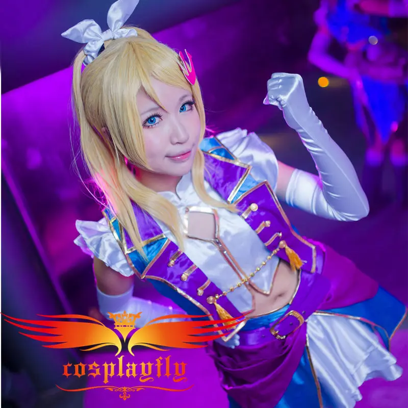

Love Live 2 Ayase Eli Dancing Stars on Me Halloween Cosplay Costume Custom White Satin Vest Skirt Gloves Blue Jacket Hairpin