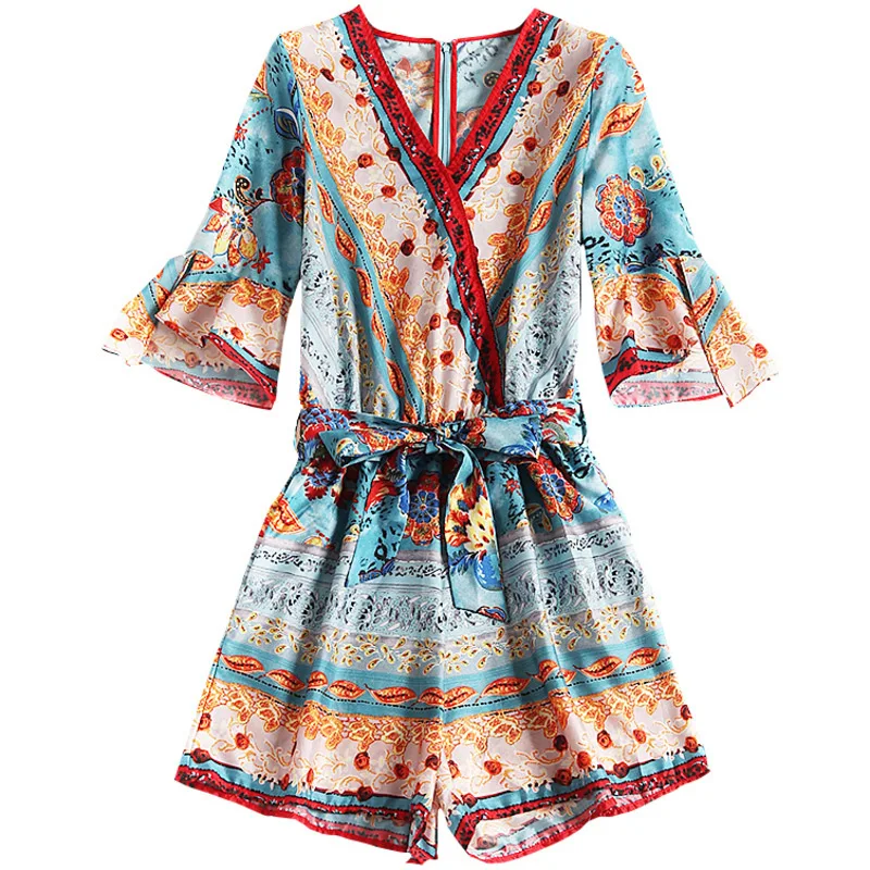 Shuchan Women Jumpsuit Beach Style Geometric Print Chiffon Rompers Womens Playsuits with Short Sleeve V-neck Clothing 12033 Shuchan Women Jumpsuit Beach Style Geometric Print Chiffon Rompers Womens Playsuits with Short Sleeve V-neck Clothing 12033
