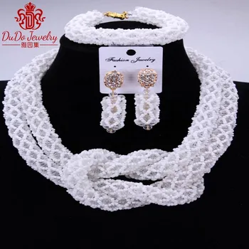 

2018 African Nigerian Wedding Jewelry Set White Set Of Beads Dubai Costume 2 Layers Necklace Set For Bride Party Women Christmas