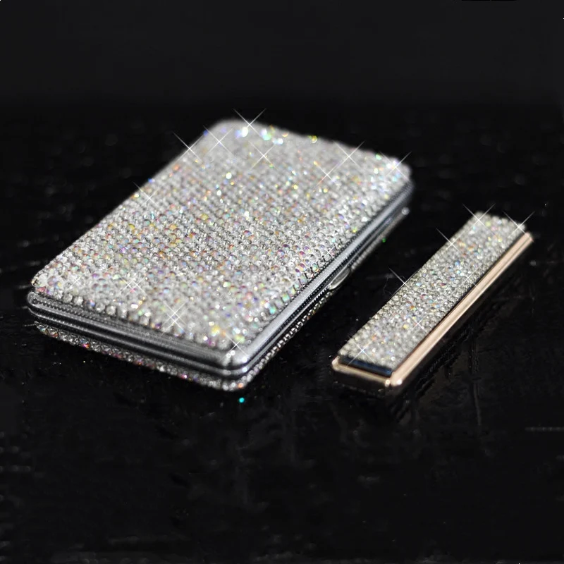 

Shiny Crystal Diamond Ms 20 Cigarette Case Charging Windproof Plasma Lighter Slim Metal Lightweight Cigarette Box Set Lover Gift