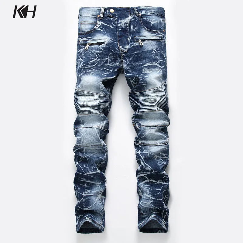 KH Мужская Мода Высокое качество ретро джинсы для езды на мотоцикле Для мужчин s прямые брюки джинсы мужской большой размер плиссированные