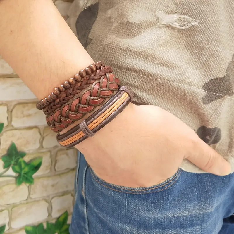 2019 Hot Sell 100% hand-woven Fashion Jewelry Wrap multilayer Leather Braided Rope Wristband men bracelets &amp bangles for women |