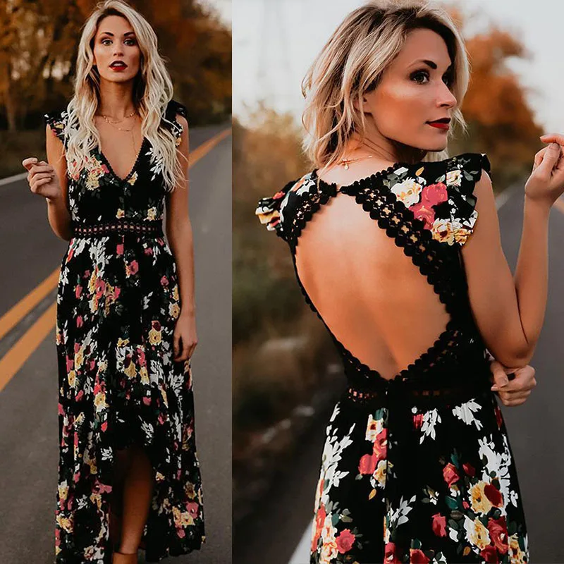

Women Summer Dress Plus Size Maxi Irregular Boho Dress Floral Print V-Neck Hem Dresses Holiday Bohemia Long Women Dress Vestidos