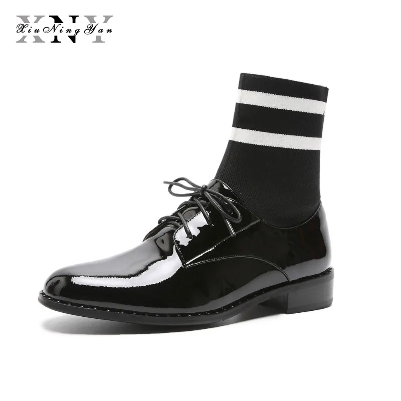

XiuNingYan Women Shoes Round Toe Genuine Leather Retro Vintage Low Heels Motorcycle Boots Handsome Lace Up Woman Ankle Boots
