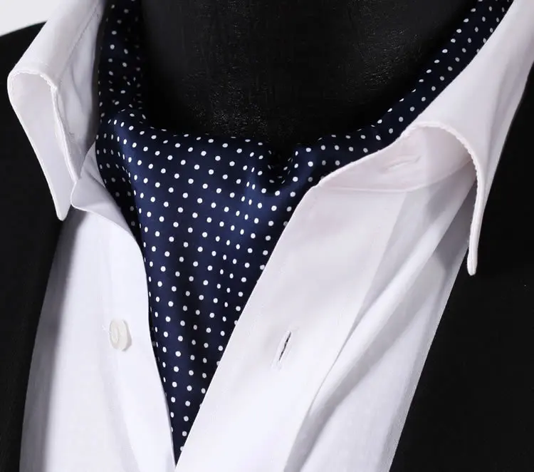 RD103B Blue White Polka Dot Silk Cravat Woven Ascot Tie Pocket Square Handkerchief Suit Set