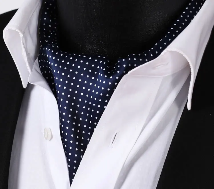 RD103B Blue White Polka Dot Silk Cravat Woven Ascot Tie Pocket Square Handkerchief Suit Set