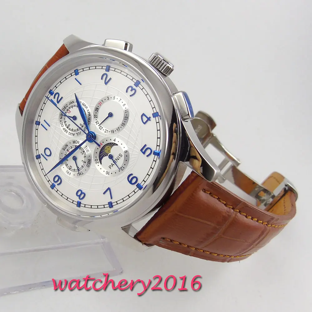 

44mm parnis White Dial Moon Phase Polished case Complete Calendar Brown Leather strap Blue Marks Automatic Mechancial Mens Watch